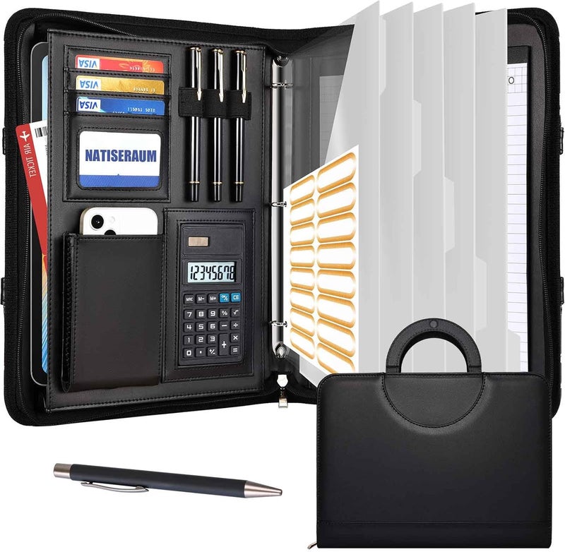 NATISERAUM Portfolio Binder 3 Ring Includes Pen and 5 Dividers with 10 Pockets, Padfolio Organizer with Zipper for Men and Women, Includes A4 Notepad for Business, School, Work - Image 1